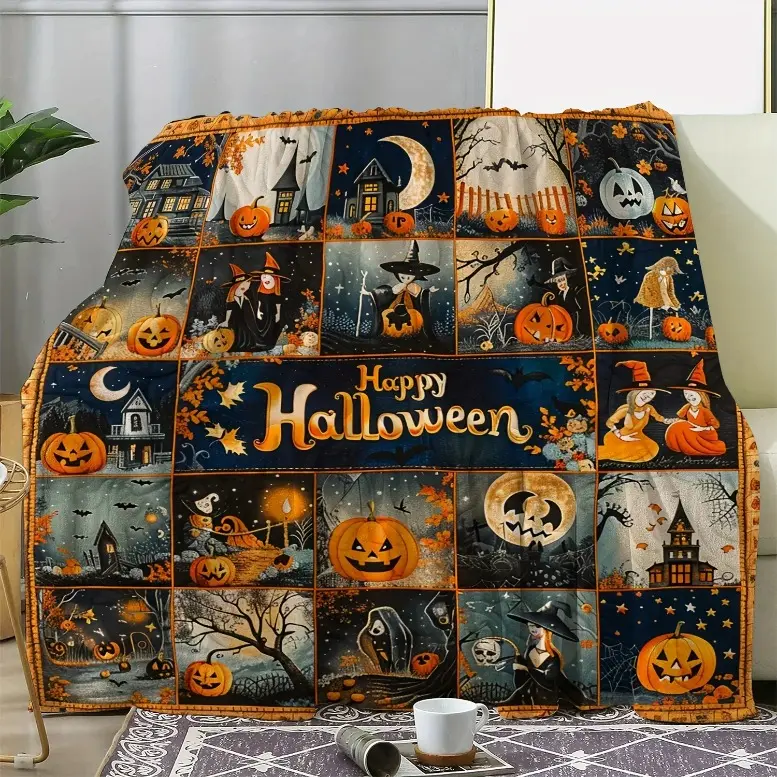 Retro Halloween Knitting Flannel Throw Blanket - Pumpkin Witch Digital Print, Anti-Pilling, Cozy Soft, Wrinkle Resistant, Durable, Lightweight Warm, All-Seasons Use, Flat Weave, Machine Washable, Quick Drying, Stain Resistant, Multifunctional Family Cover