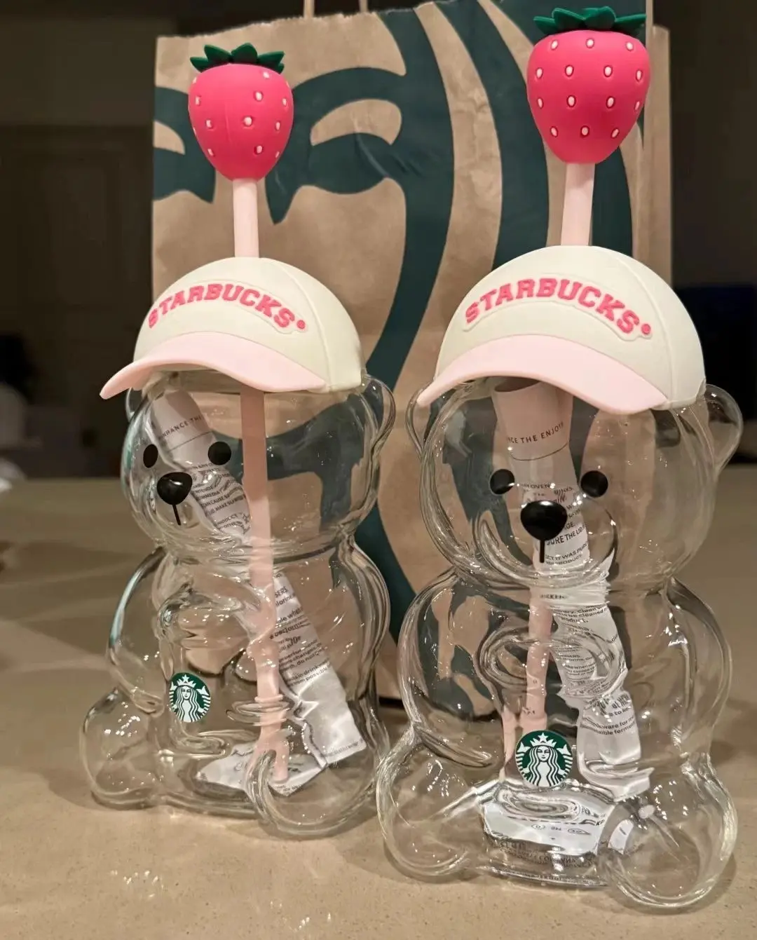 Strawberry Bear Straw Cup Glass Bear Cup with Lids and Straws Cute Coffee Mugs 20oz Drinking Water Bottle Reusable Party Mug for Milk Tea, and Cocktails, Dishwasher Safe
