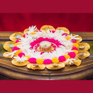 LoveNspire 12in Handmade Fabric Mix Rangoli Candlestick Art, Pompom Tea Light Mat, Home Decor Ornaments - Diwali Festival Gift Symbolizing Prosperity & Good Luck