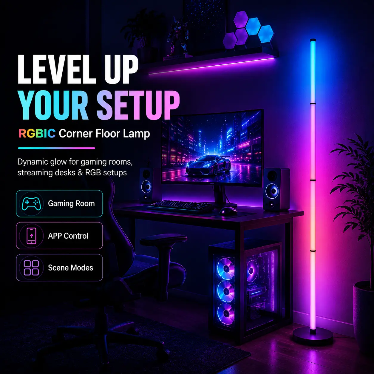 Smart RGBIC LED Corner Floor Lamp, App & Remote Controlled Color Changing Mood Light, Minimalist Standing Lamp for Gaming Setup, Bedroom and Home Office
