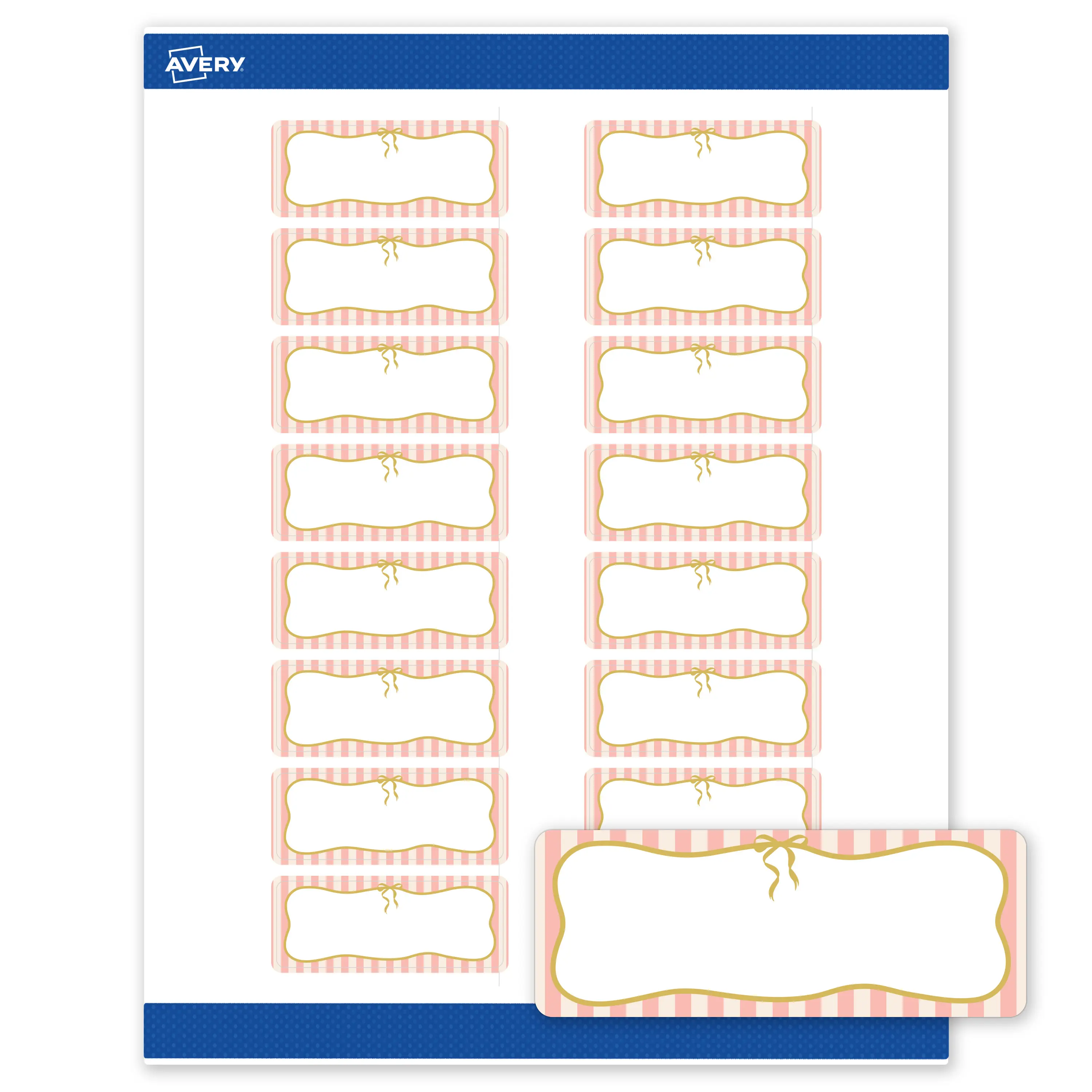 Avery Printable Address Labels, 1" x 2-5/8", Matte White, Pre-printed Pink Stripes/Metallic Gold Bow Design, Rectangle, Sure Feed Technology, Laser & Inkjet Compatible, 320 Total