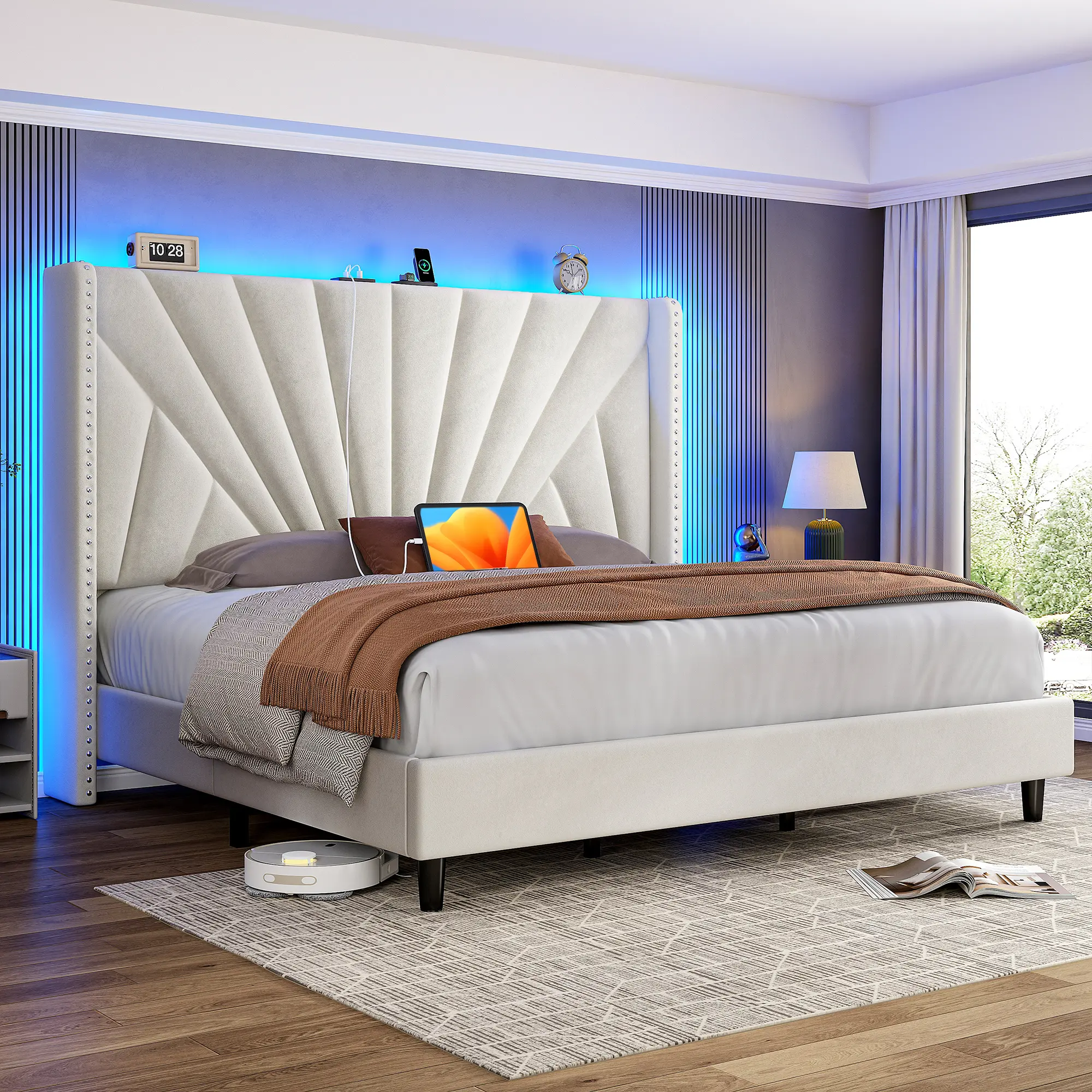 【Summerwins】Raybee Sturdy Solid Wood Queen/King Size Bed Frame with 51" Velvet Upholstered Headboard, up to 900 LBS Foundation,Headboard with Charging Station & LED Lights, Wingback Headboard, No Box Spring Needed, Noise-Free,Easy Assembly