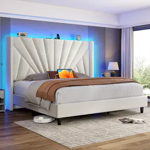 Solid Wood Queen/King Size Bed Frame with 51" Velvet Upholstered Headboard, up to 900 LBS Foundation with All Sturdy Metal Support,Headboard with Charging Station and LED Lights, Wingback Headboard, No Box Spring Needed, Noise-Free,Easy Assembly