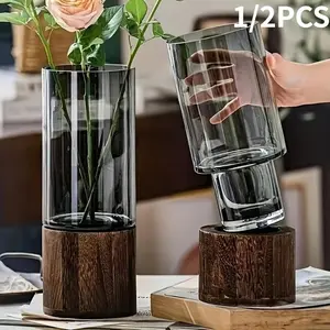 Elegant Glass Vase with Wooden Base, Decorative Vase, Perfect Living Room and Dining Table Decoration, Ideal Gift for Friends and Family