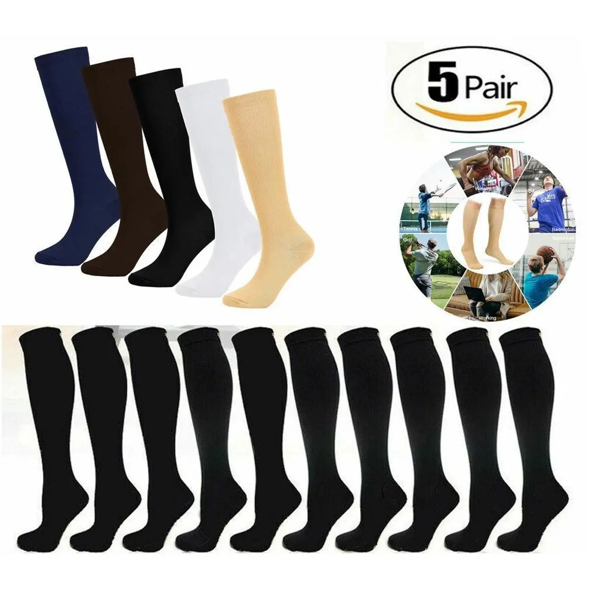 Sports Compression Socks, 5 Pairs Copper-Infused 20-30mmHg Graduated Support Athletic Socks for Men & Women, Multi-Size S-XXL