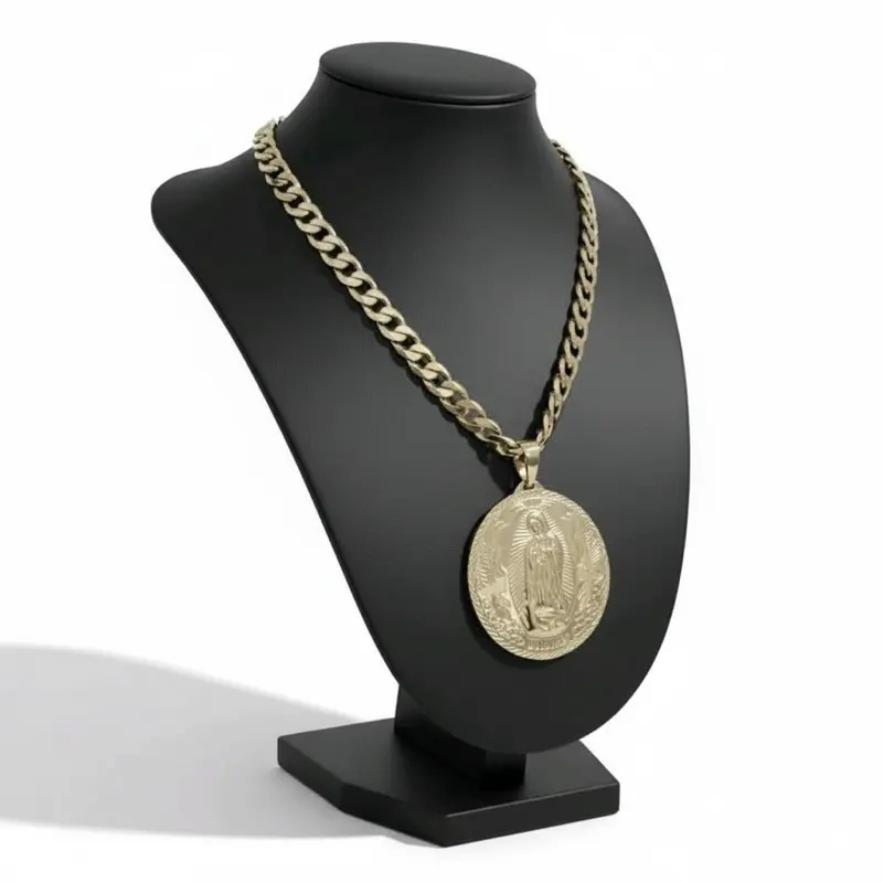 Cadena 10mm y 8mm de grosor y dije #1011 virgen medalla grande Gold plated