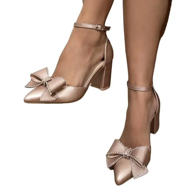 Women's Champagne Rhinestone Bow Block Heel Shoe - Ankle Strap Pumps for Special Occasions, Decor, Wedding, Classy Heels, Tpu, Plain, Heels For Women, Pointed Toe