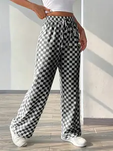 Women's Plaid Print Casual Comfy Fit Loose Wide Leg Pants, Elastic Waist Belted Design, Comfortable & Stylish Long Trousers for Daily Wear, Casual Comfy Trousers