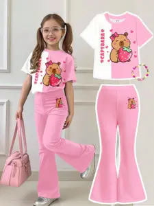 Cute Cartoon Capybara and Strawberry Pattern Short Sleeve T-Shirt and Flared Pants Set, Summer Casual Fit for Teenage Girls, Summer Outfits Set, All Seasons Stylish, Casual Outfit Set