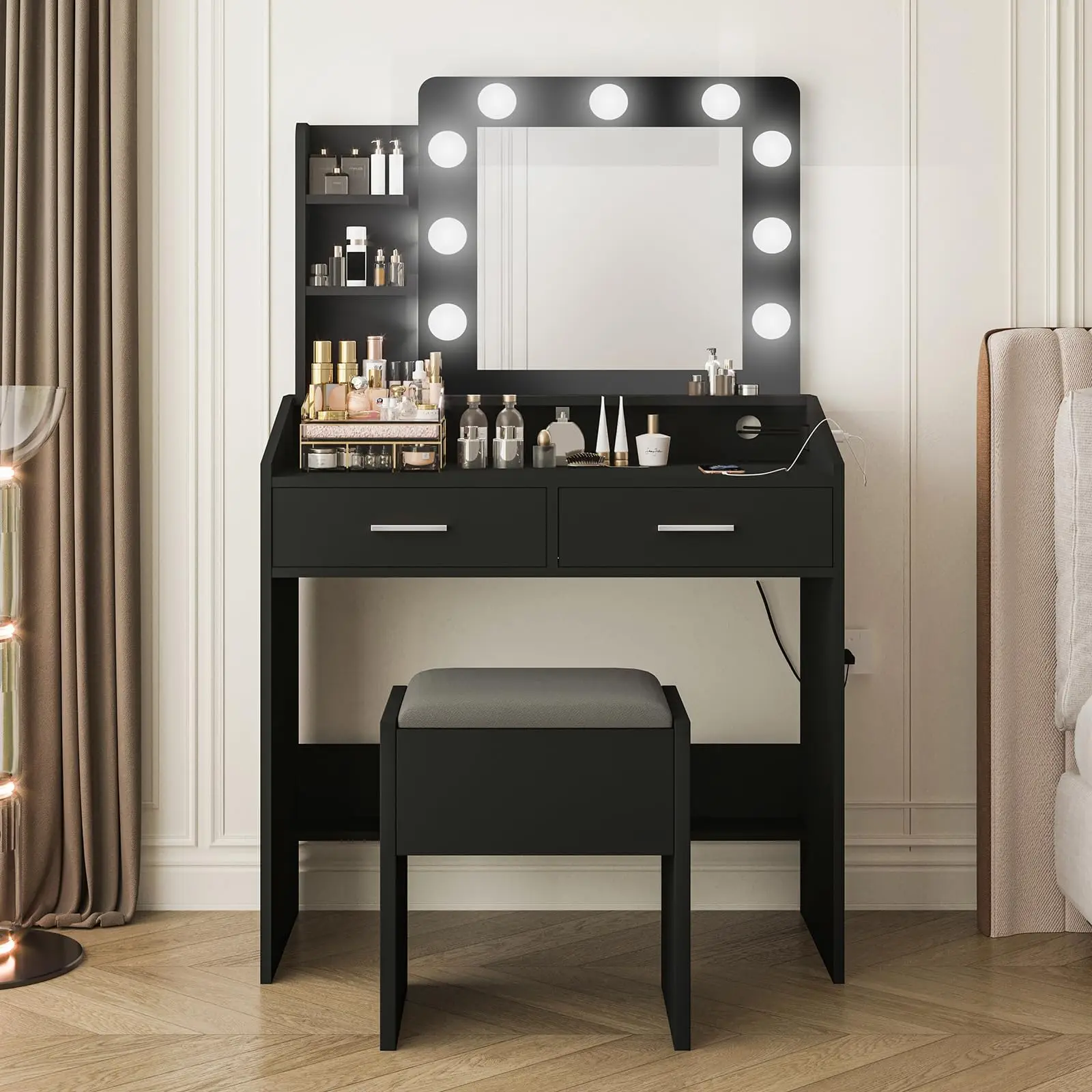 Garvee Modern Makeup Vanity Desk with Large Mirror, Dimmable LED Lights, 7 Drawers, Power Outlet, Cushioned Stool, Hairdryer Holder in Marble Black Finish