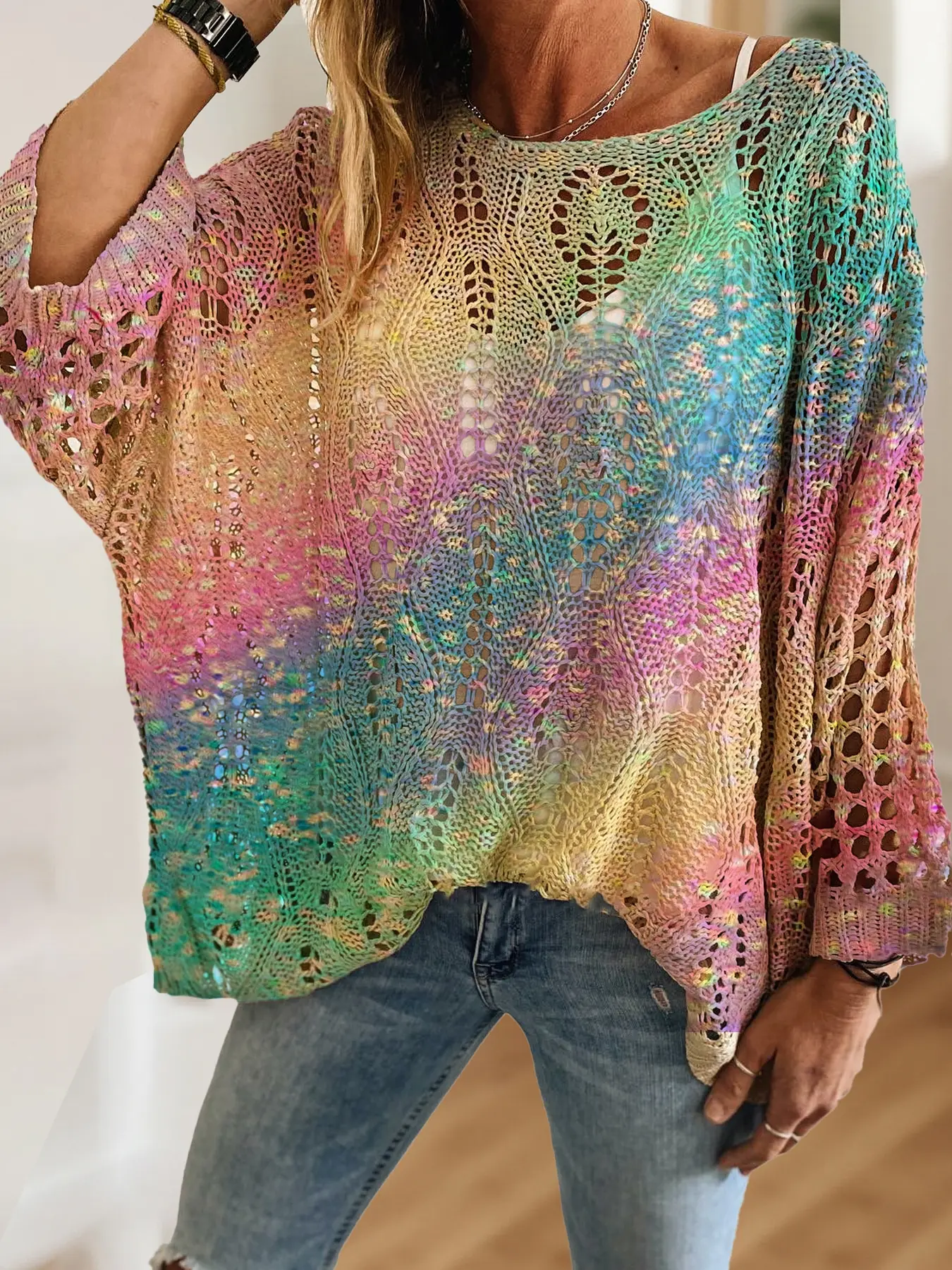 Women's Gradient Colorblock Ombre Long Sleeve Knit Hollow Out Top, Casual Elegant Vacation Style Sweater, Valentine's Day Knitwear, Plus Size, Knitted, Womenswear