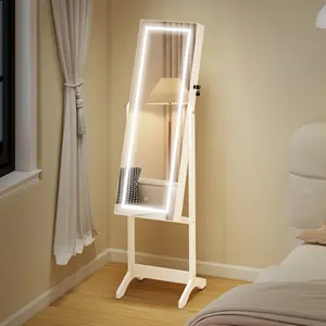 60" Full-Length Mirror Jewelry Storage Armoire, Indoor Mirror Cabinet with Lockable Door and Key, White