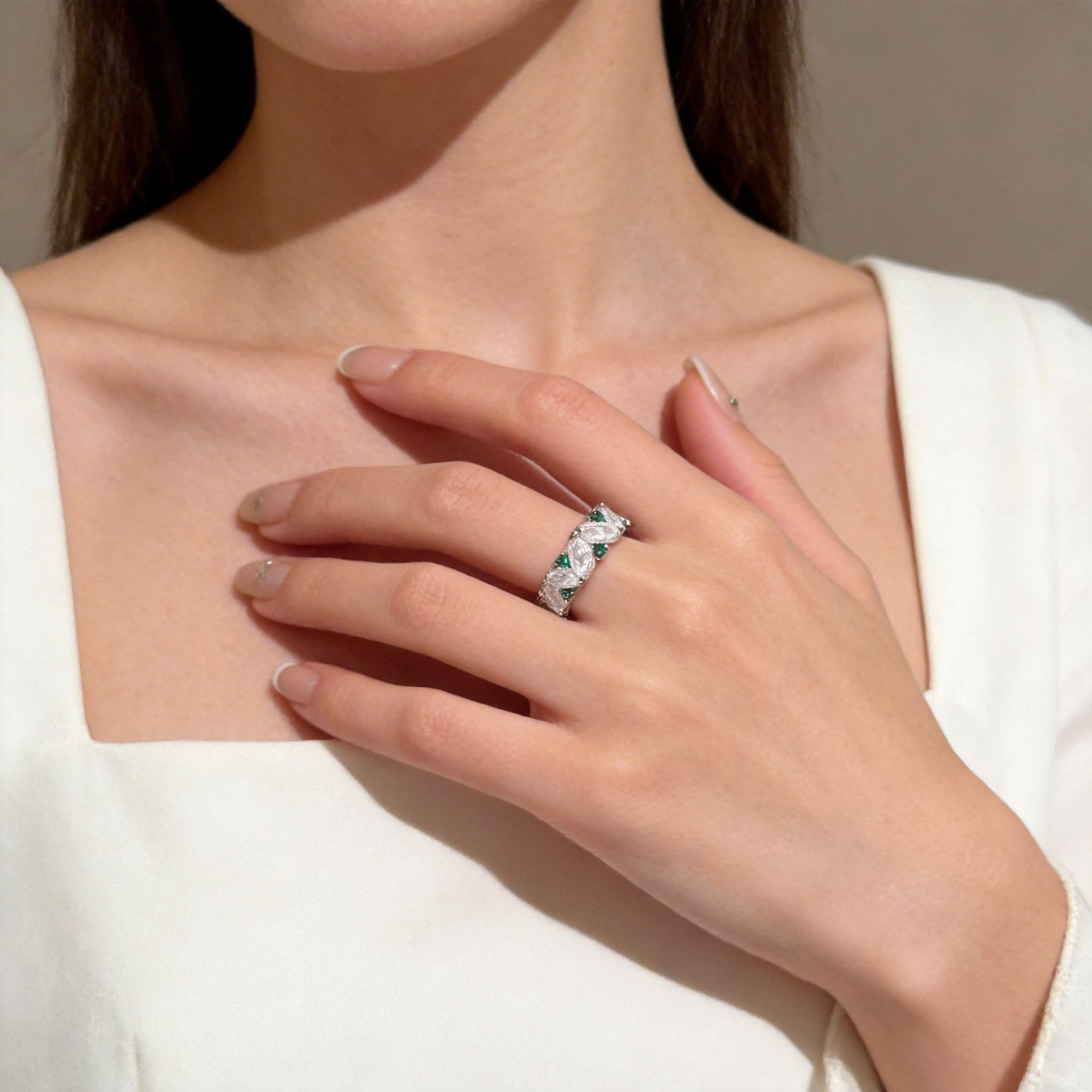 Hypoallergenic Marquise Emerald Eternity Ring for Sensitive Skin, Sparkling CZ Stackable Band, Safe Gift for Women with Allergies, Comfortable for All-Day Wear, Daily & Formal Occasions