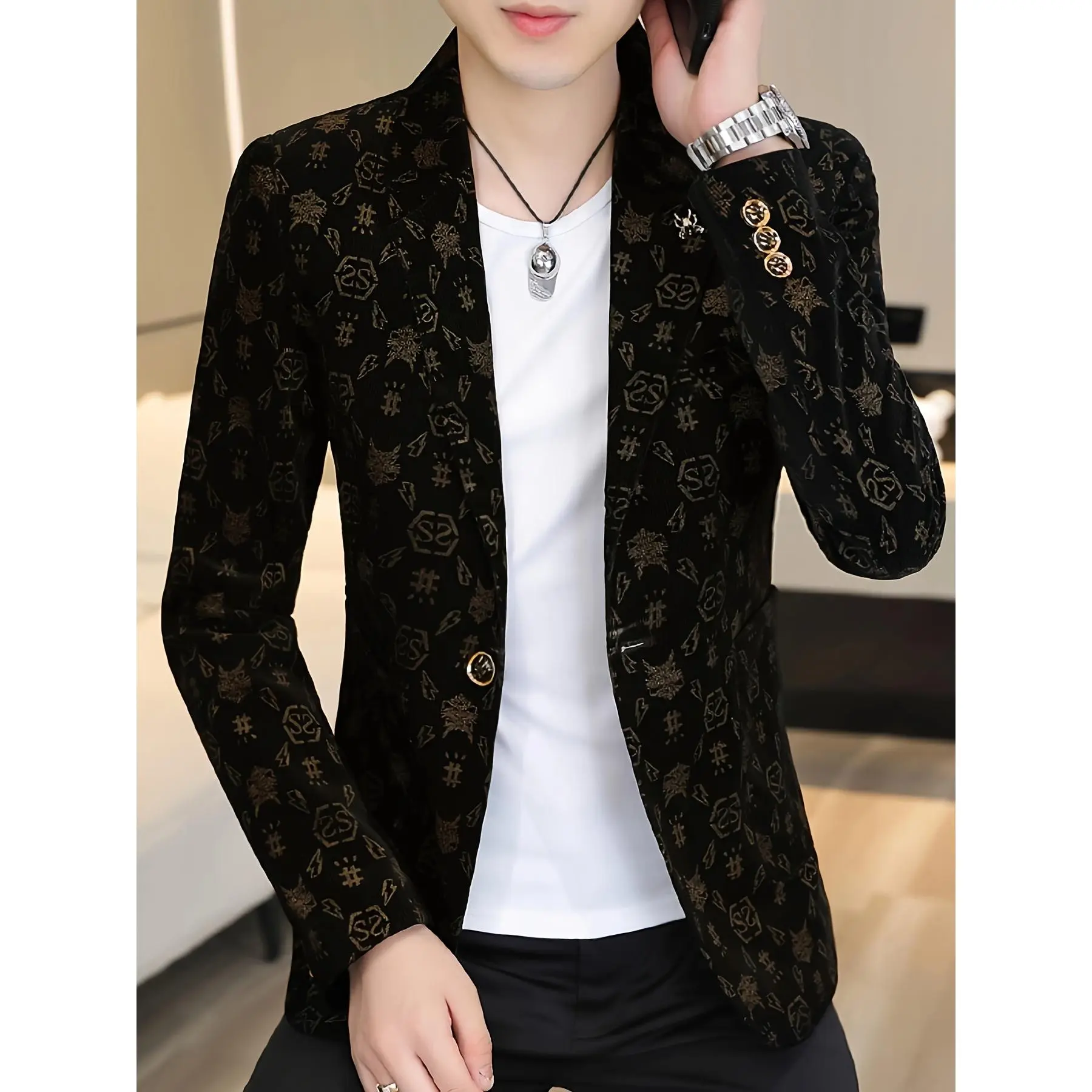 Men'S Slim Fit Corduroy Blazer - Stylish Color Block Pattern, Long Sleeve, Single Button Front, Casual to Semi-Formal Outerwear for Spring/Fall, Blazer