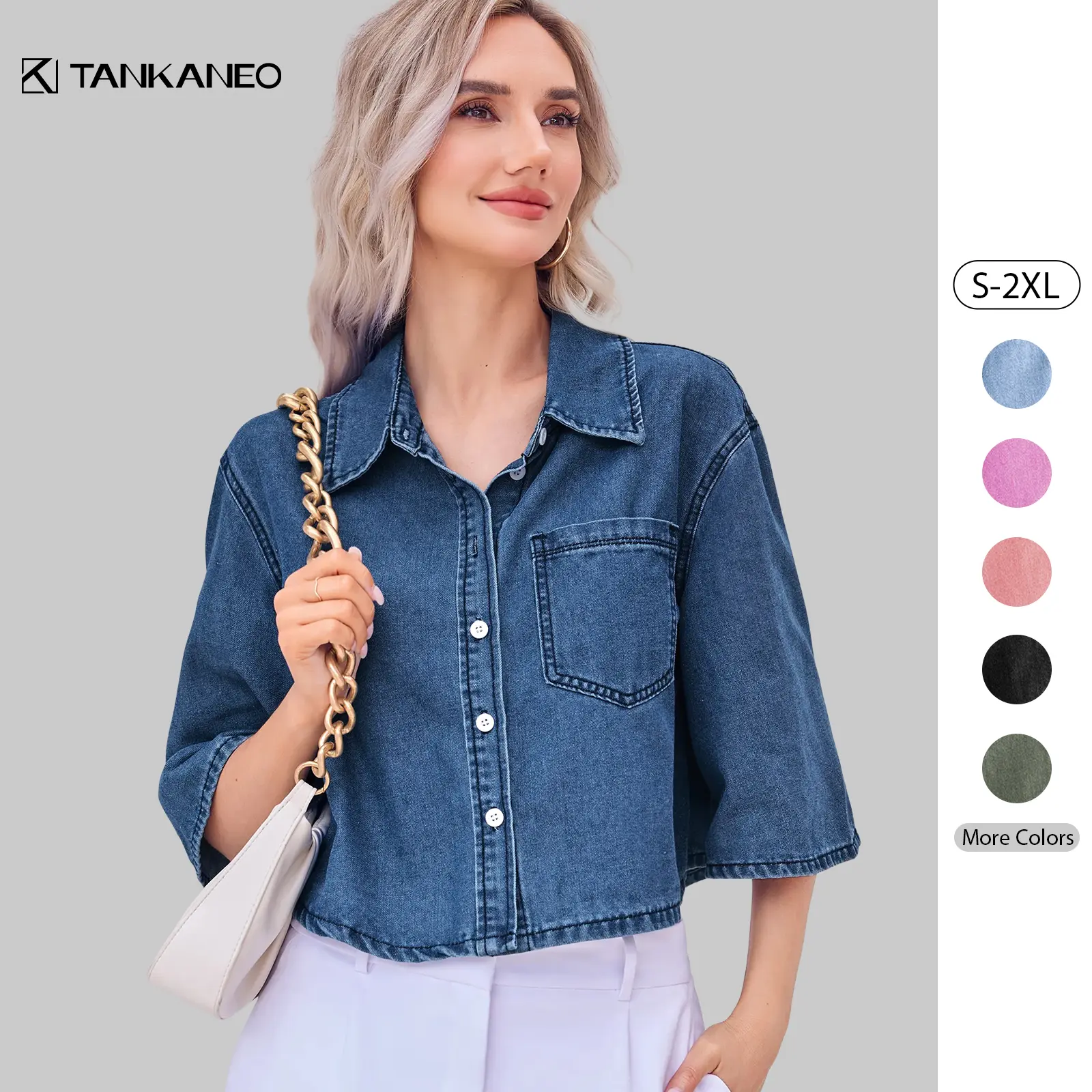 Tankaneo Womens Crop Denim Shirt Half Sleeve Button Down Short Jean Jacket with Pocket