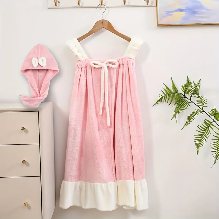 2pcs Macaron Color Bathrobe Skirt Set, Soft Coral Fleece Material, Quick-Dry High Absorbency, Includes Blow Dry Cap, Home Travel Use