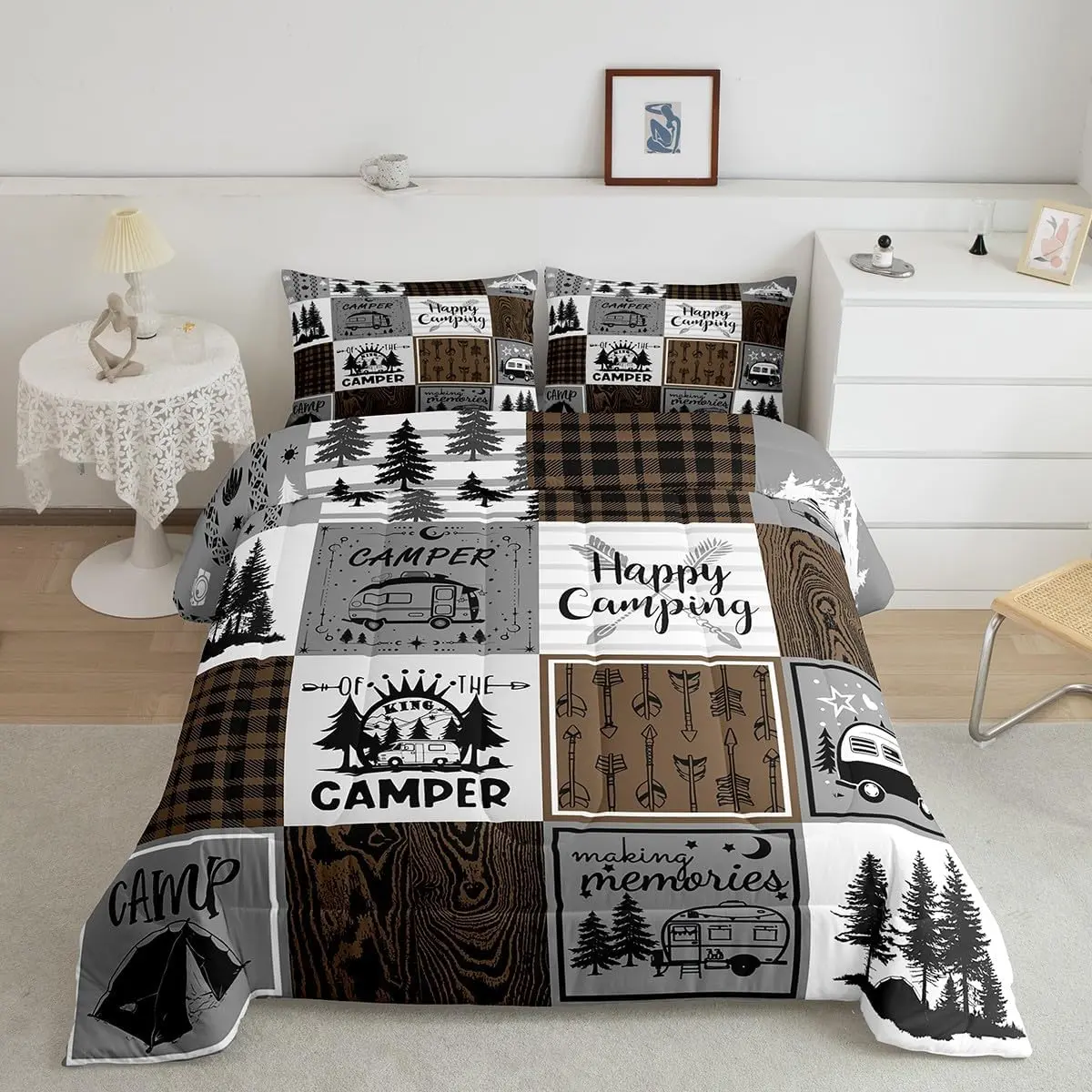 Feelyou Rustic Farmhouse Buffalo Plaid Quilt Comforter Set - Comfy Bedding Set, Breathable Duvet, Soft Microfiber Bedding for Adults, Travel Trailer Bunk, RV Camper Accessories, Breathable Duvet Set