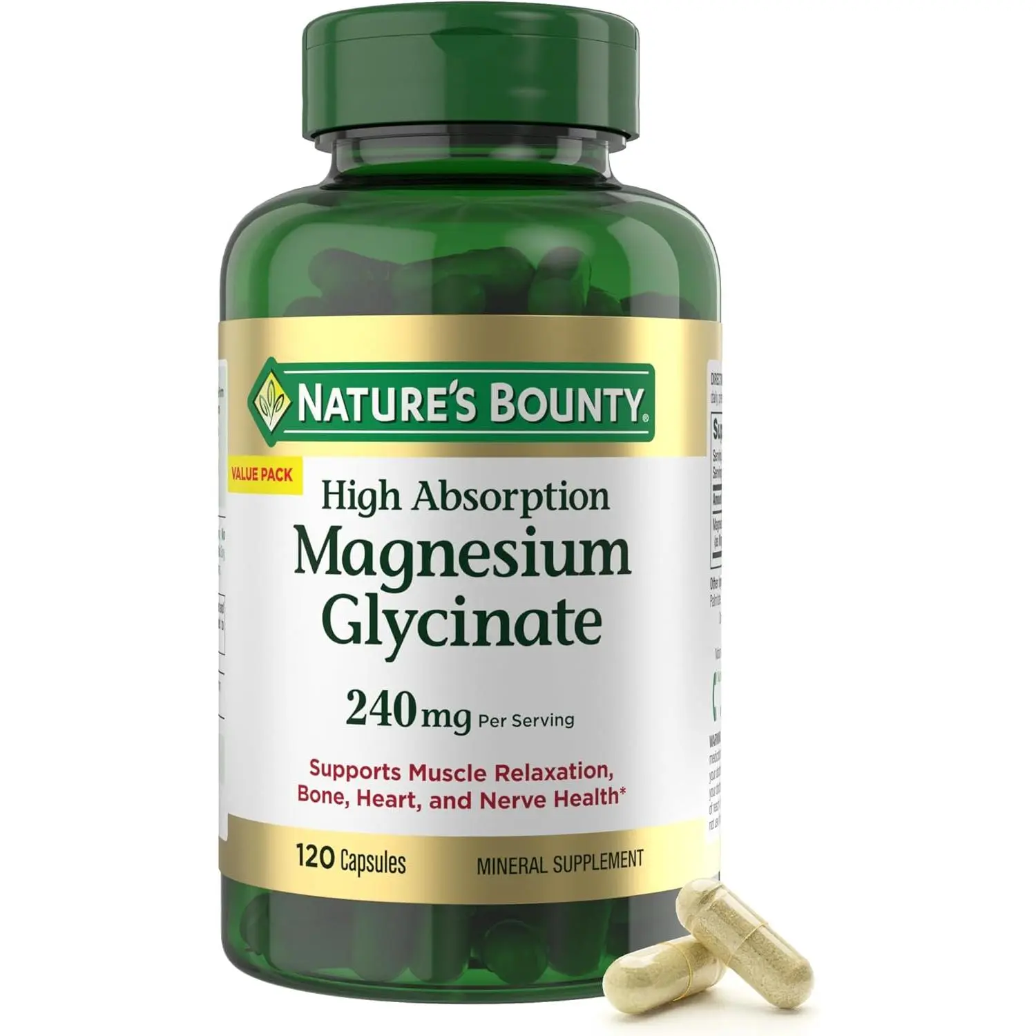 Nature’s Bounty High Absorption Magnesium Glycinate 240 mg - Muscle Relaxation, Bone, Heart & Nerve Health Support - Non-GMO, Gluten-Free, Vegetarian, 120 Count/60 Servings, Sugar Free, Heart Health, Capsules, Lactose-Free