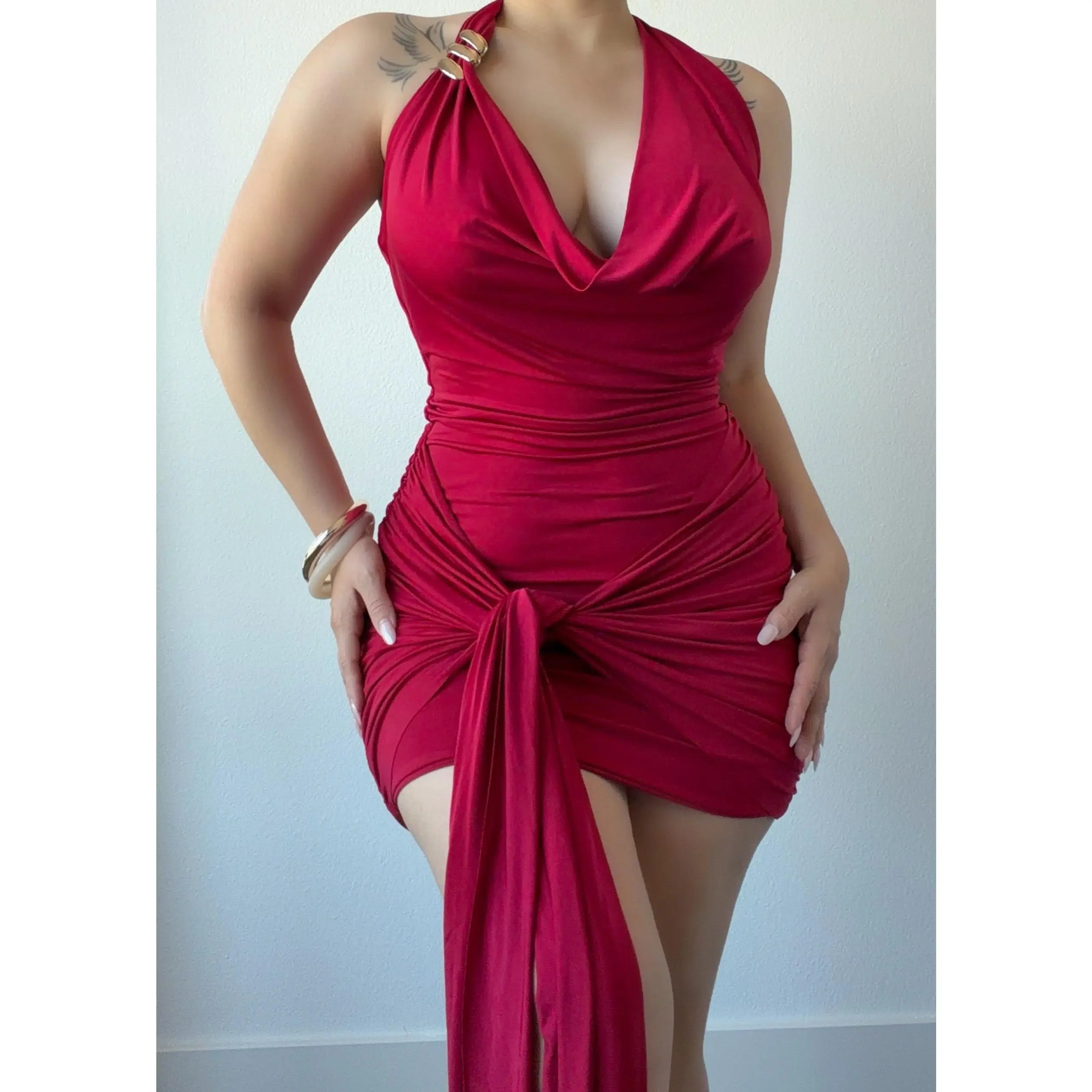 Ruched Halter Mini Dress with Tie Detail