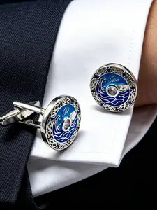 Zk56 Silver Blue Wave Pattern Business Cufflinks, Elegant Text Design, Perfect for All Seasons, Ideal for Professional Wear