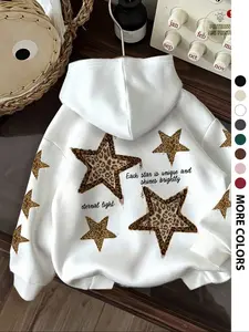 Women's Fall Winter Loose Fit Hooded Sweatshirt with Pockets, Fashion Vintage Leopard Star Print, Comfortable Everyday Casual Sportswear