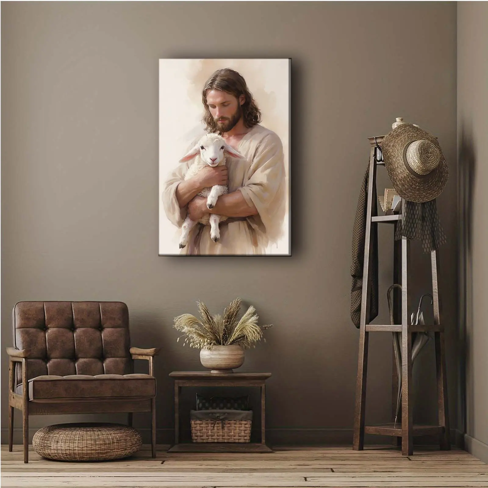 Christian Canvas Wall Art Print - Jesus Holding Lamb of God Vertical Soft Neutral Oil Painting, Gallery-Wrapped Ready-to-Hang Christian Decor for Baptism Gift, Artistic Religious Home Decor Accent