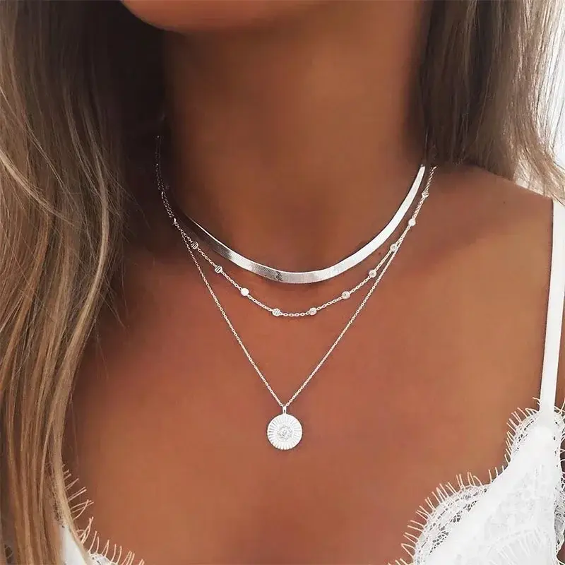 TOP-FASHION - 925 Sterling Silver Three-Layer Round Necklace Simple Snake Chain Charm Ball Chain Party Wedding Gift Women's Exquisite Jewelry