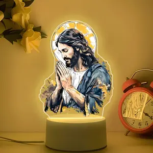 Acrylic Jesus Prayer Night Light, Nightlight For Bedroom, USB Powered, Button Control Switch, Creative Desk and Bedroom Lamp, Decorative Lamp, Decorative Ambiance Lighting, Table Night Light, Festive Room Atmosphere, Warm