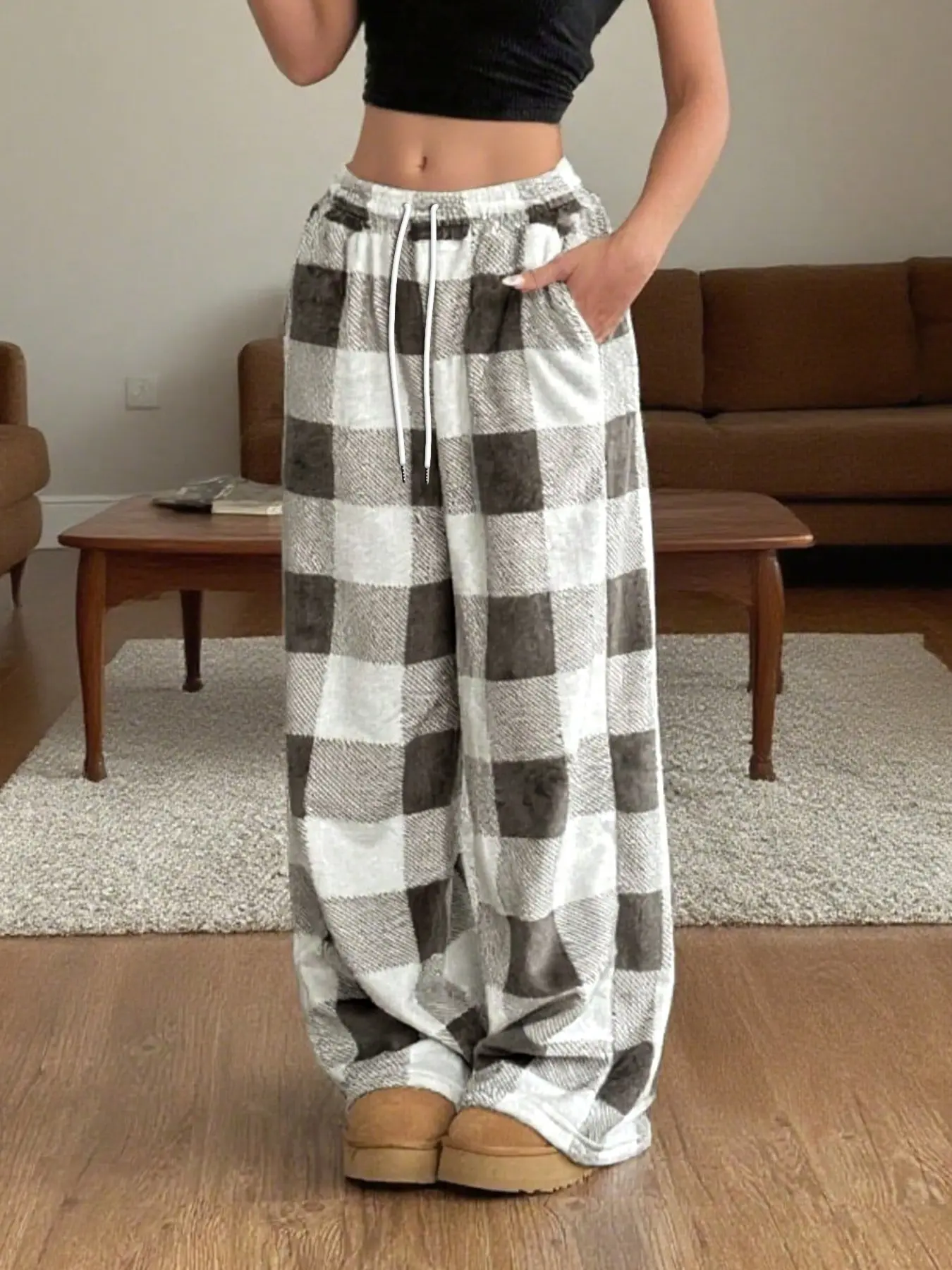 Women's Cozy Plaid Oversized Wide Leg Baggy Pants | Soft fuzzy fleece fabric, loose-fit with drawstring waist, Adjustable, trendy grey & white checkered loungewear perfect for home & casual outings Casual Sporty Trousers