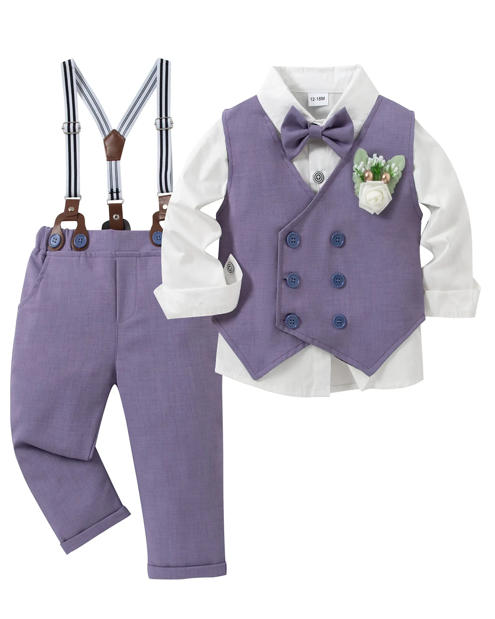 Toddler Boy Clothes Suit Gentleman Wedding Outfits,  Baby Formal Dress Shirt+Bowtie+Vest+Boutonniere+Suspender Pants