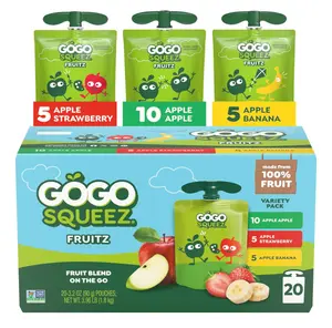 GoGo squeeZ Applesauce and Fruit Puree Variety Pack, Apple, Banana & Strawberry, 3.2 oz (Pack of 20), Unsweetened Fruit Snacks for Kids, Gluten Free, Nut Free, BPA Free Pouches (Packaging May Vary)