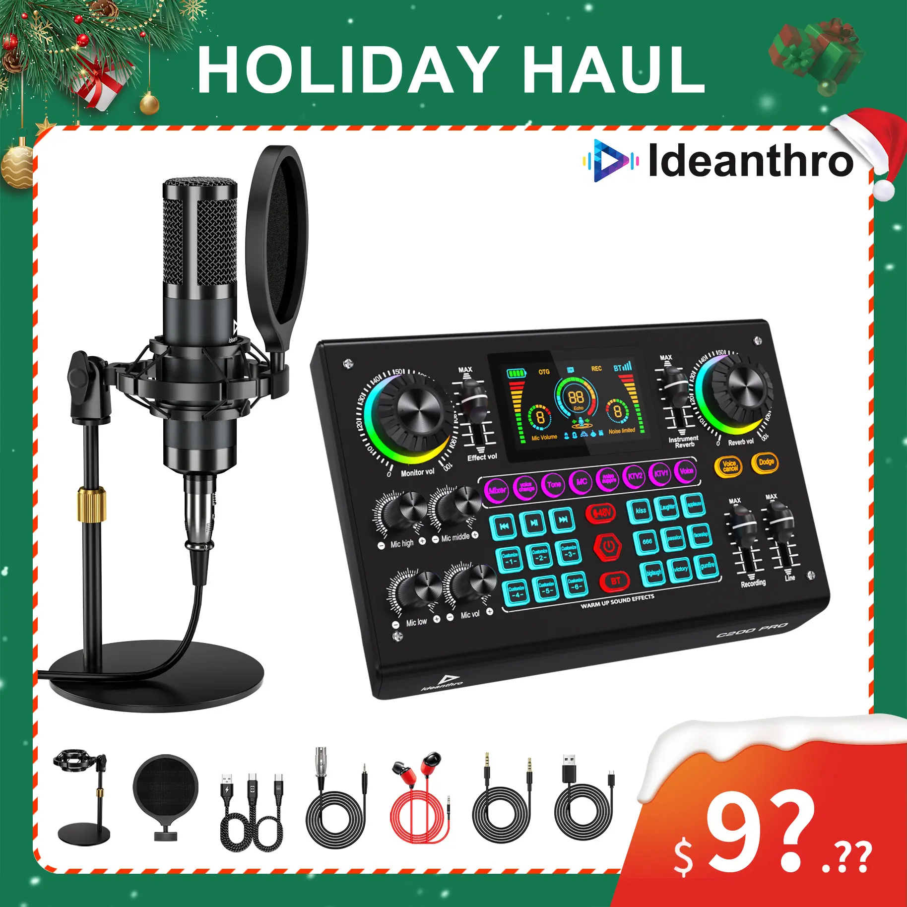 Ideanthro C200PRO-P15 Ultimate Digital Streaming Kit - Dual-Mic Supp., 2-Mic Recording, Live Voice Changing, Adjustable USB Card, USB Port, DSP Audio Boost, 5V/1A, Enhanced Audio Quality, Multi-Channel Streaming (TikTok Shop Black Friday)