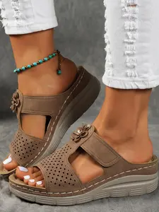 Women's Fashionable Flower Design Slides, Casual Breathable Comfortable Thick Sole Sandals, All-match Massage Pad Slippers for Daily Wear, Walking Shoes, Pu Leather Sandals