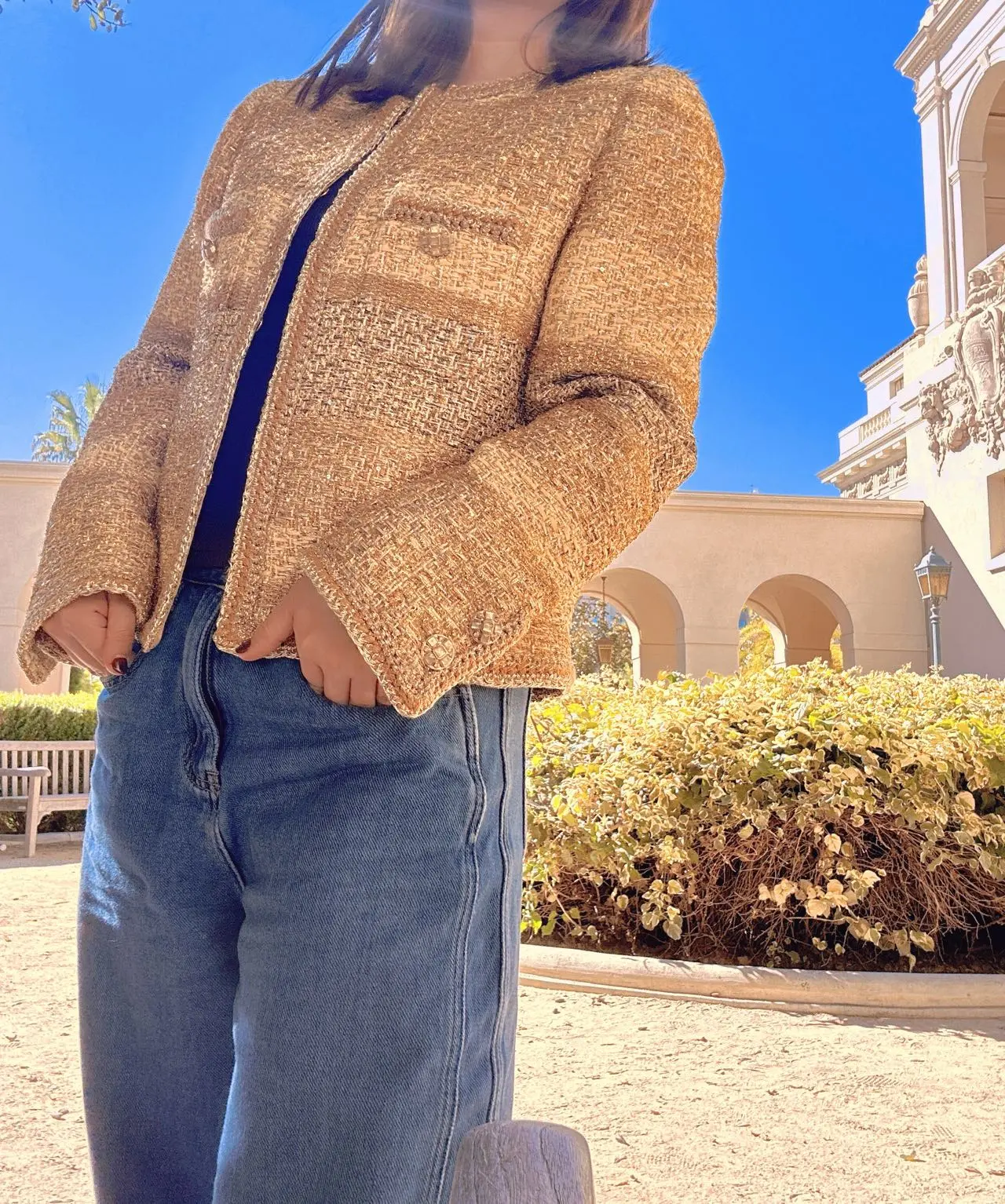 Tweed & Threads Luxury Shimmer Golden Glam Jacket for Holidays/Thanksgiving/Christmas