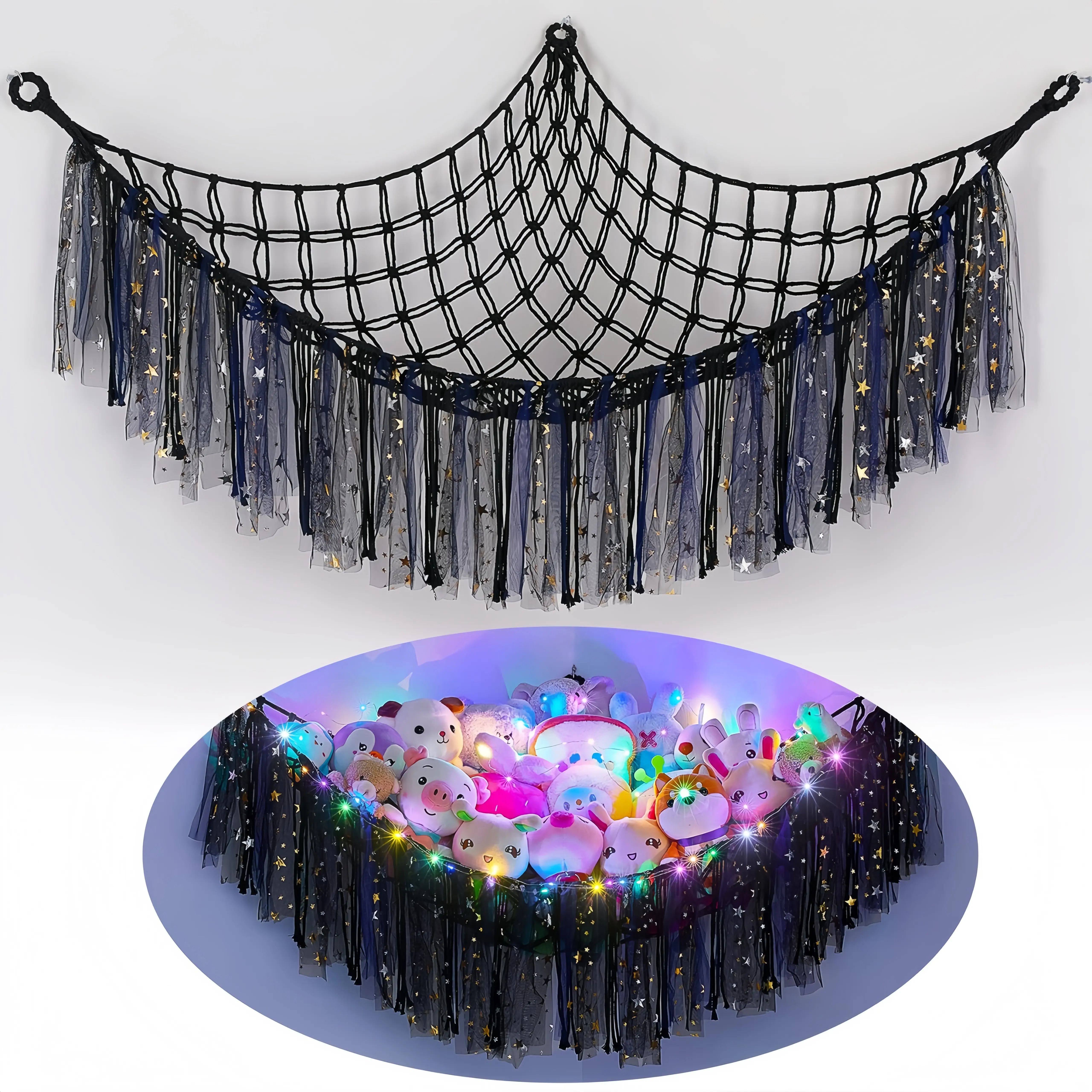 Hangable LED Stuffed Animal Net Hammock - Home Organiser, Bedroom Storage Organizer, Room Organization Products, Cozy Ambiance House Decor, Girl Room Hanging Home Supplies Accessory for Storage, Storage Organization