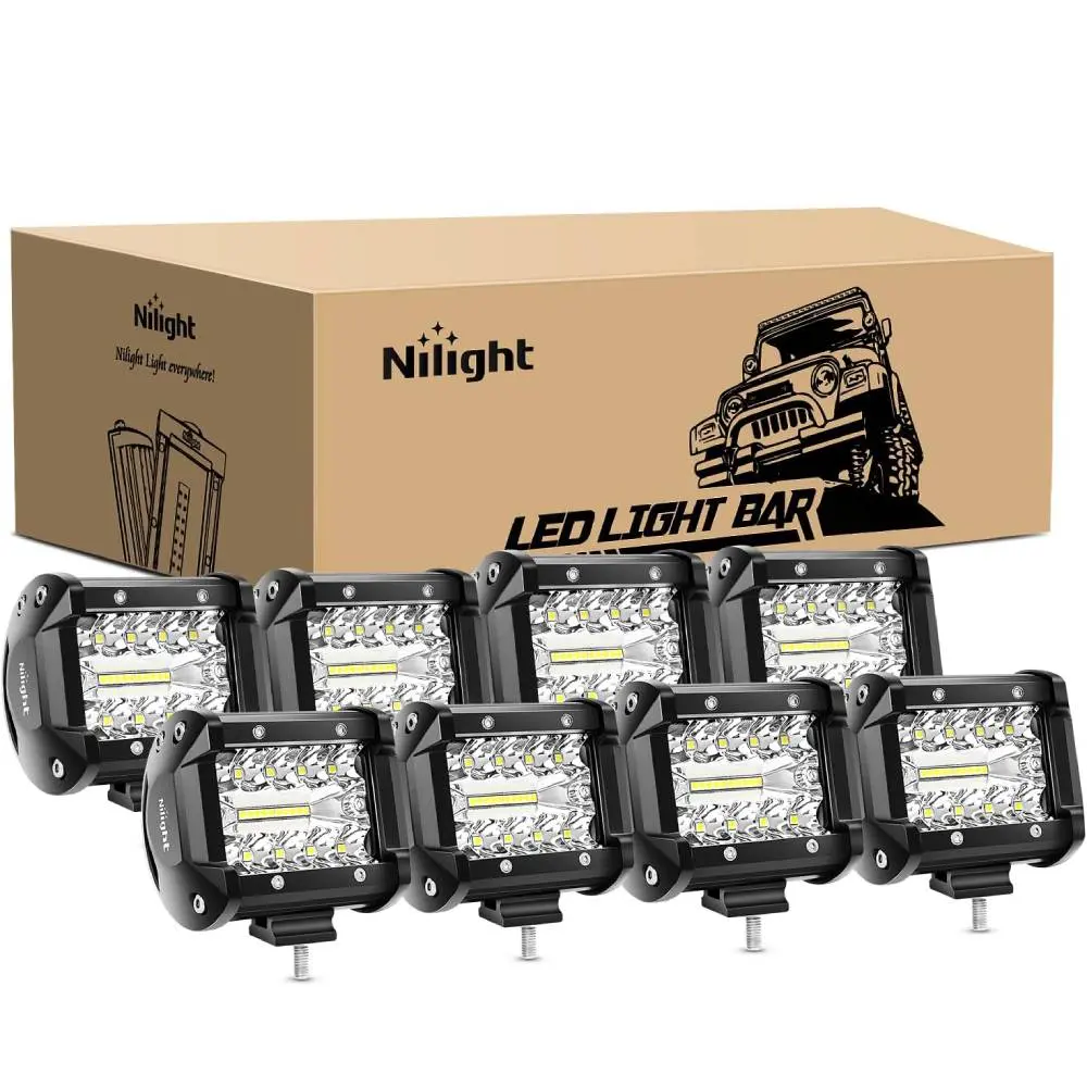 Nilight 8Pcs 4Inch 60W Triple Row LED Light Bar - 6000LM Flood Spot Combo, Aluminum Housing, Adjustable Slide Mounting, Cooling Car Lighting for Trucks, SUVs, Fishing Buggies, Motorbikes