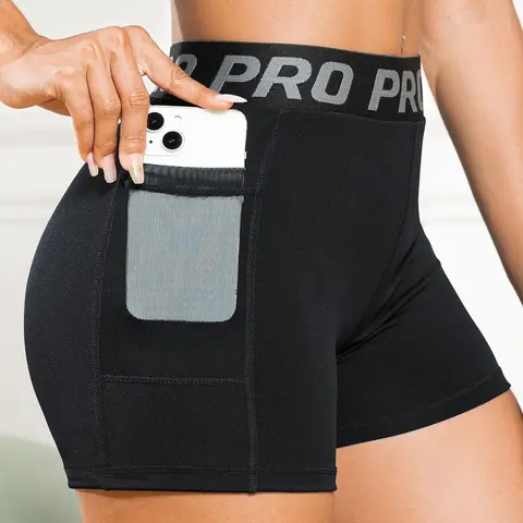 Women's Letter Tape Pocket High Waist Sports Gym Shorts, Shorts with Pockets, Comfy Breathable Stretchy Skinny Shorts for Yoga Workout Running, Ladies Summer Sportswear, Breathable Fitness Shorts, Athletic Workout Shorts, Activewear Shorts