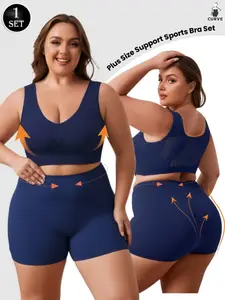 PLUS SIZE Women's Yoga Fitness Set, Seamless High Stretch, Back Cut-Out Breathable Design, Dual Layer Bra + Full Coverage Shorts, All Seasons Wear, Sports Bra Shorts, Yoga Workout Activewear, Workout Sets Women, Breathable Gym Wear