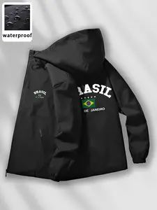 Brazil Flag Theme Hooded Jacket Men, Outdoor Jacket, Sports Outerwear, Casual Athletic Jacket, Windproof Waterproof Lightweight Coat, Brazil Letter Print High Street Cool, Fall Winter Casual Sportswear