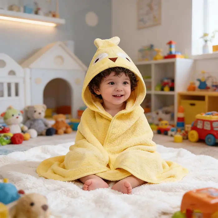 Hooded Baby Towel Poncho - Soft, Ultra-Absorbent Towel Robe for Newborns & Infants, Hand Wash, Chick Print Hooded Look Toddler Bath Essential (Yellow Design)
