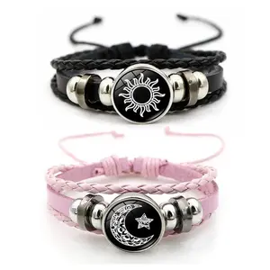 Sun & Moon Lovers Leather Bracelet Vintage Punk Multi-Layer Beaded Woven Design Couple Gift with PU Leather and Glass Accents