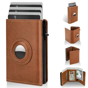 AirTag Wallet -  Mens Minimalist Wallet with Apple Air Tag Holder, Slim Smart Pop up Card Case, ID Window, RFID Blocking, Front Pocket (AirTag Not Included)