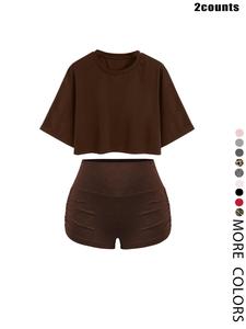 women's solid/all over print crop tee & shorts two-piece set, casual short sleeve t-shirt & shorts for daily wear, going out sets, ladies summer clothes, shortsleeve womenswear
