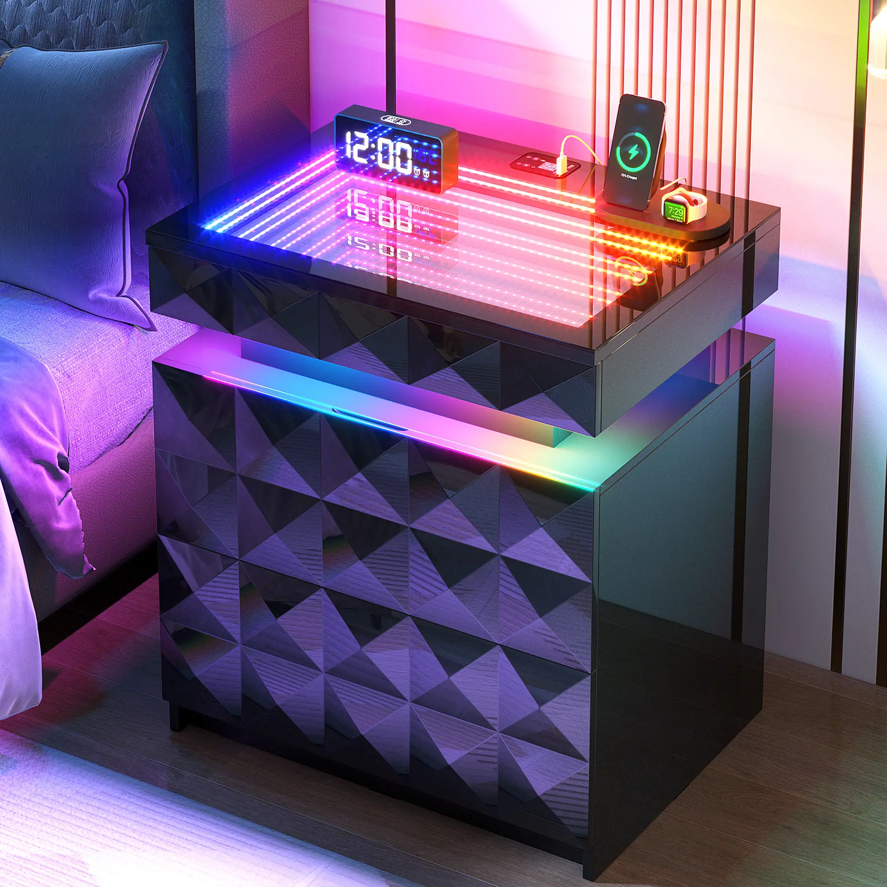 FREDEES 3-Drawer Contemporary Nightstand with Electronic Charging Station, RGB Lights, Tempered Glass Sliding Top, Diamond-Plated Surface, Hidden Storage, Lock, Indoor Furniture Requires Assembly