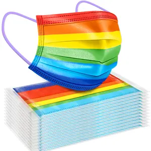 50PCS Disposable Face Mask - 3-Layer Nonwoven Fabric with Random Rainbow Patterns, Soft Elastic Earloop & Individual Wrapped Design