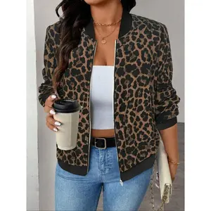 Plus-size women’s lightweight long-sleeve zip-up casual leopard-print baseball jacket, comfortable and stylish everyday jacket GARMENTARY