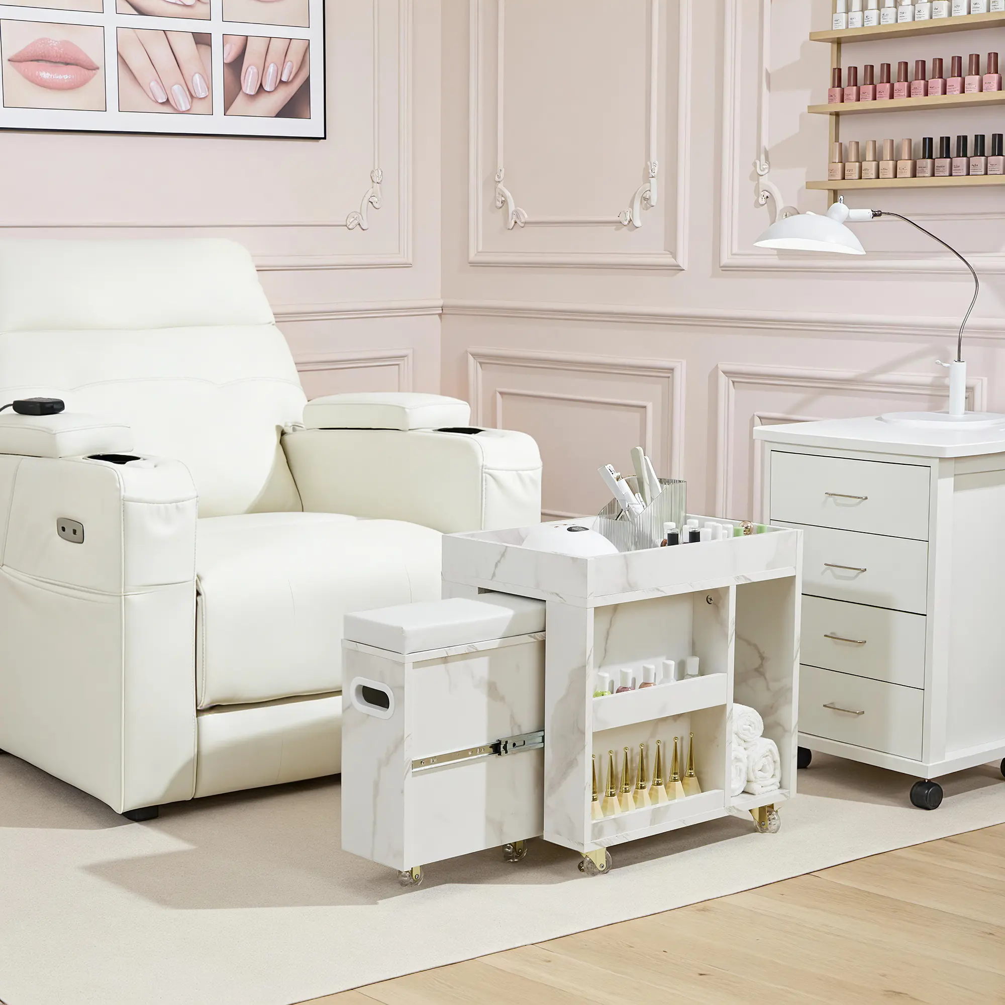 BarberPub Sturdy Compact Pedicure Cart - Multi-Storage Mobile Nail Trolley with 4 Lockable Swivel Wheels, Faux Leather Accents, Soft Footrest, Polish Side Shelves, Mdf&Pvc, Simple Setup, Compatible with Pedicure Chairs for Salon Use 2099