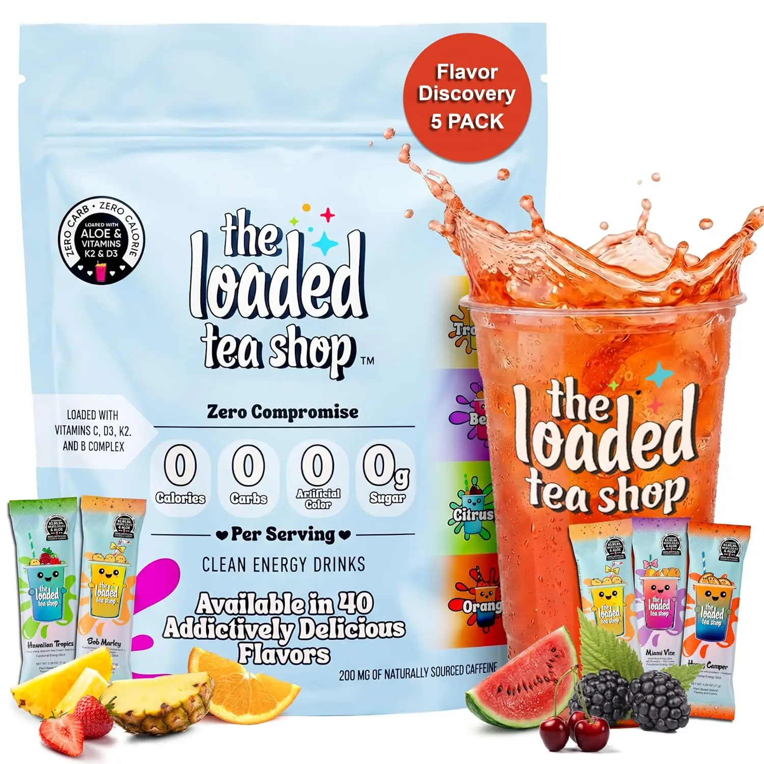 The Loaded Tea Shop Energy Drink Mix Sticks, Flavor Discovery 5 Pack, Sugar-Free, Zero Calories, 200mg Natural Caffeine, No Artificial Colors/Flavors, Powder Packets w/ B Vitamins - Energy Drink Alternative