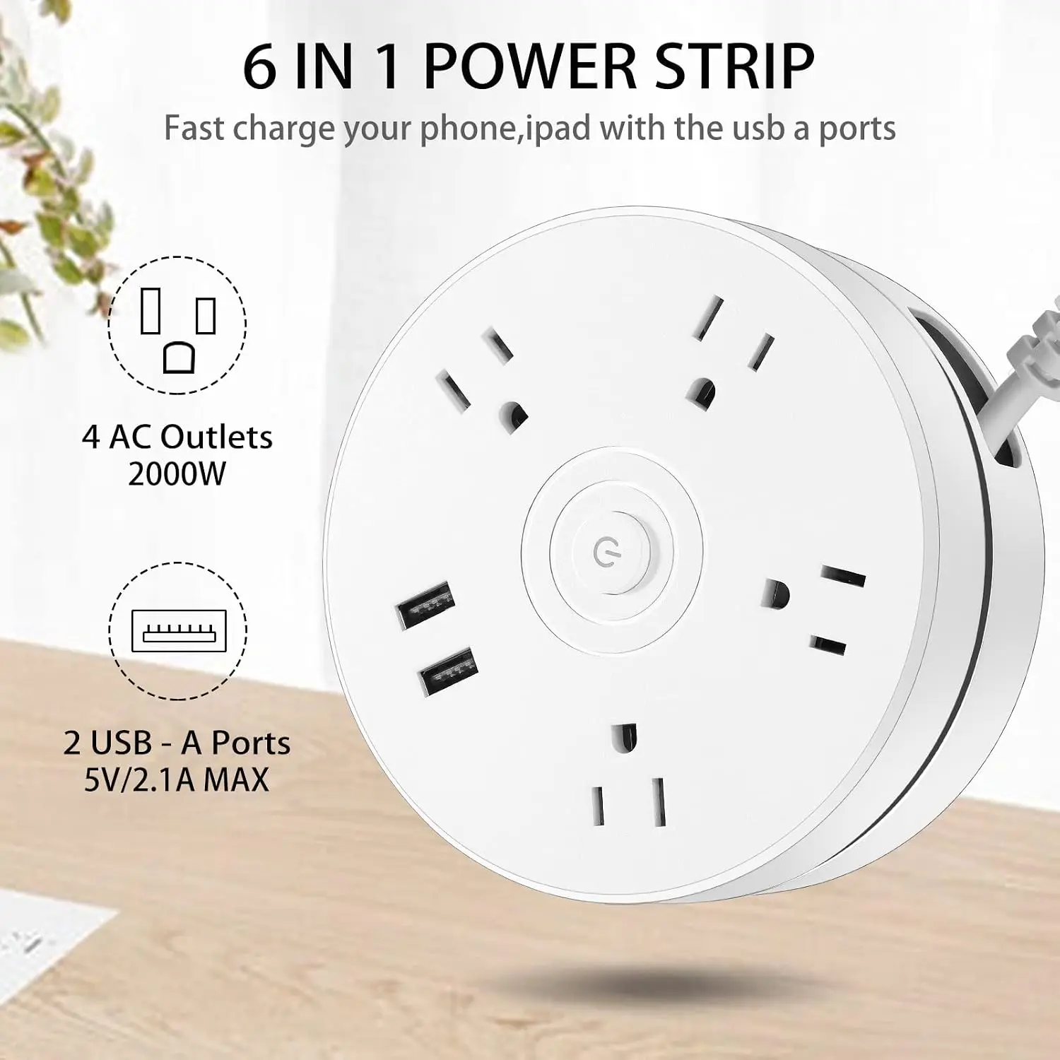 6 ft Braided Surge Guard Power Strip - Retractable Cord, Flat Plug, Tangle-Free Compact Wall-Mount Charging Hub, 4 Widely Spaced Universal Sockets, 2 USB-A Ports, 2000w Load for Home Office Indoor Use