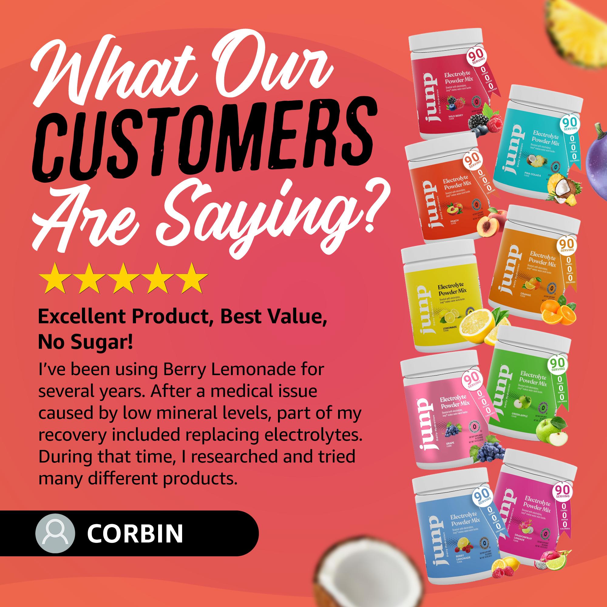 JUNP Electrolyte Hydration Powder Mix - Zero Sugar Zero Carb Daily Drink with Potassium & Salt for Energy Endurance Recovery Keto Friendly Calorie Free Electrolytes 9 Flavors Available 90 Servings Grape Flavor - Dietary JUNP Electrolyte Hydration Powder Mix - Zero Sugar Zero Carb Daily Drink with Potassium & Salt for Energy Endurance Recovery Keto Friendly Calorie Free Electrolytes 9 Flavors Available 90 Servings Grape Flavor - Dietary